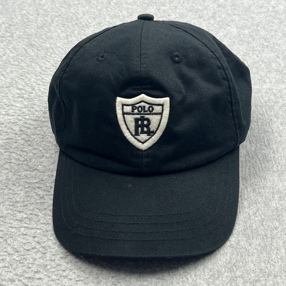 VTG Polo Ralph Lauren Shield Hat Adult Black Canvas Patch Crest‎ Logo Strapback
